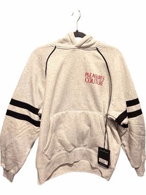 Pleasures Couture Men’s Cream Crewneck Hoodie with Black Stripes